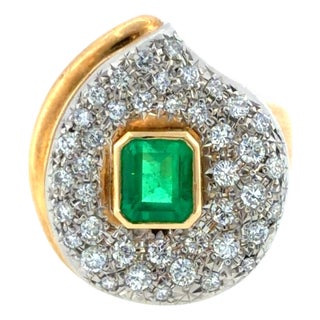 Vintage 18k Gold & Platinum Emerald Diamond Cocktail Ring, Size 6.25 For Sale