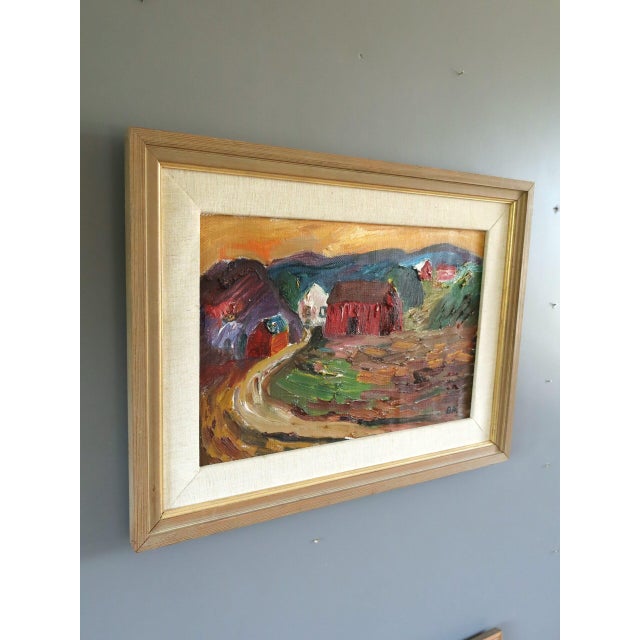 Mid-Century Modern Mid-Century Modern 'Crimson Barns at Dusk' Vintage Original Landscape Oil Painting, Framed For Sale - Image 3 of 11