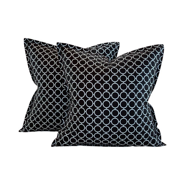 Designer Vicki Payne Free Spirit Aqua & Black Circle Geometric Rings Pillow Covers- 21" Pair For Sale In Jacksonville, FL - Image 6 of 6