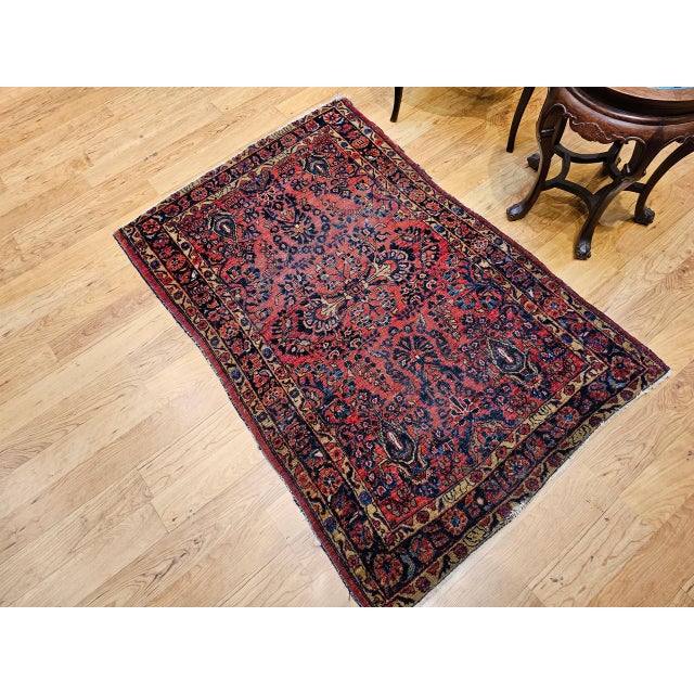 Vintage Persian Sarouk Area Rug, Hand-Knotted Wool, Allover Floral Pattern, 3x5, Red& Navy For Sale - Image 12 of 14