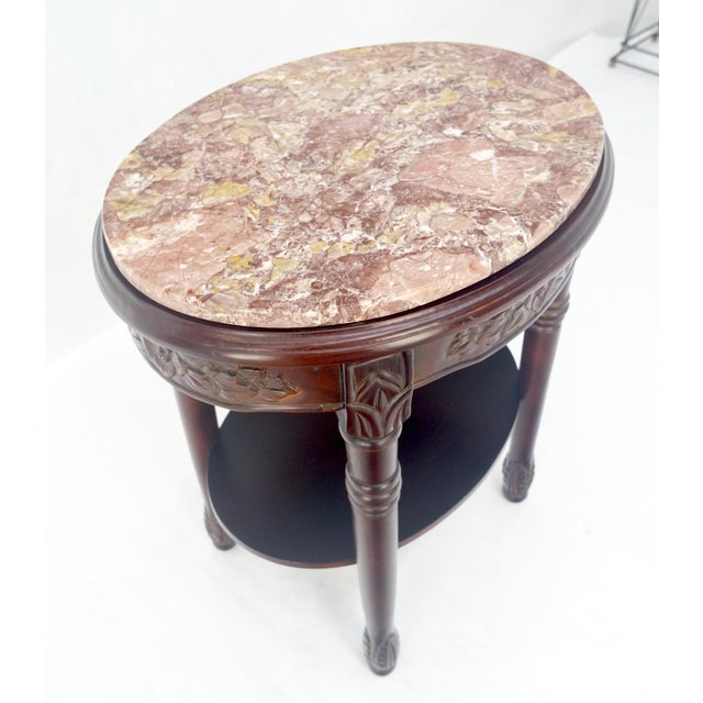 Fine Carved Solid Mahogany Marble Oval Marble Top Stand Pedestal Lamp Table MINT For Sale - Image 10 of 11