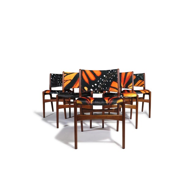 Six teak dining chairs designed by Erik Buch for Anderstrup Moblefabrik Denmark, Model 89. Features a solid teak frame...