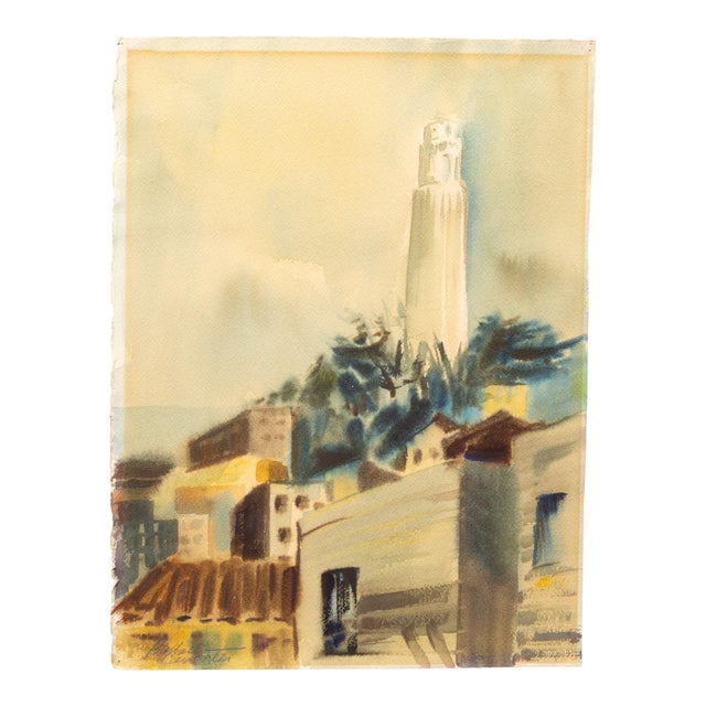 Coit Tower, San Francisco, Watercolor Painting, Signed, c.1950 For Sale