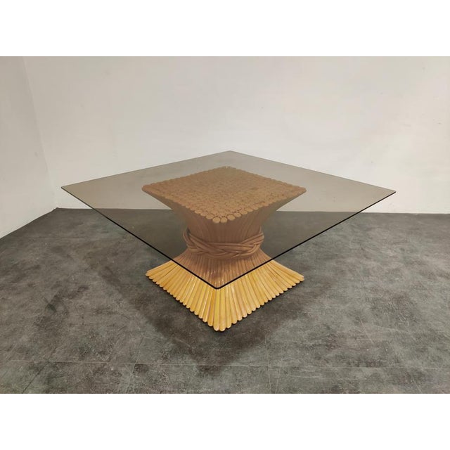 Vintage bamboo 'sheaf of wheat' coffee table with a smoked glass top. Produced by McGuire. Good condition. Lovely timeless...