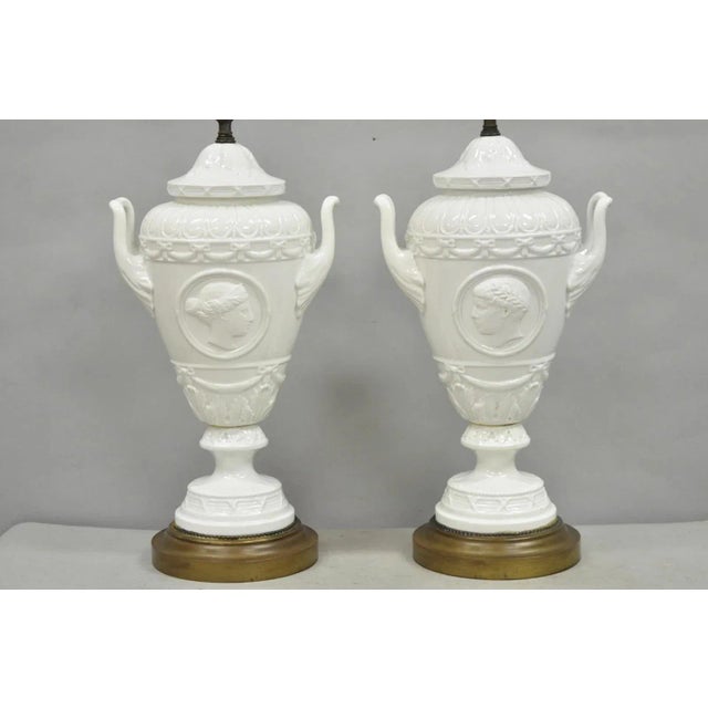 Neoclassical Antique Italian Neoclassical Greco Roman White Porcelain Urn Table Lamps - a Pair For Sale - Image 3 of 12