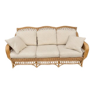 Vintage Henry Link Wicker Rattan Sofa – Scalloped Braided 3-Seater Couch White For Sale