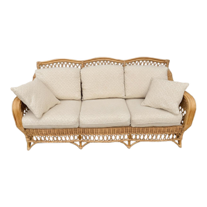 Vintage Henry Link Wicker Rattan Sofa – Scalloped Braided 3-Seater Couch White