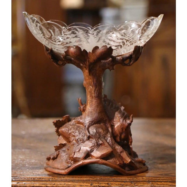 19th Century Swiss Black Forest Carved Walnut and Etched Crystal Centerpiece For Sale - Image 9 of 13