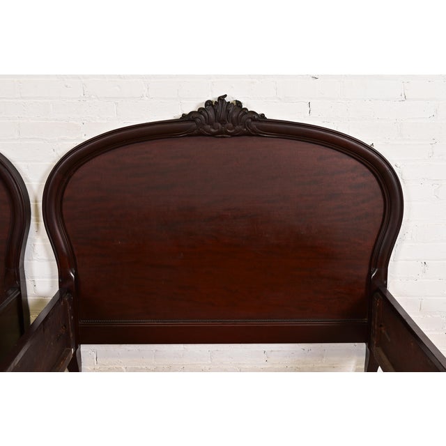 Romweber Style Antique French Provincial Louis XV Carved Mahogany Twin Beds, Pair For Sale In South Bend - Image 6 of 9