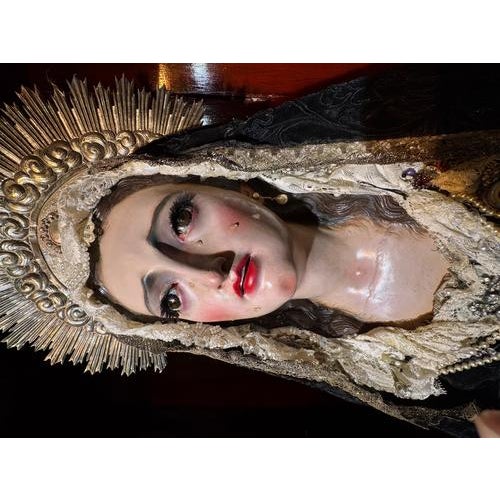Wood Salzillo, Our Lady of Sorrows, 18th Century, Polychrome Wood with Silver Crown in Display Case For Sale - Image 7 of 10