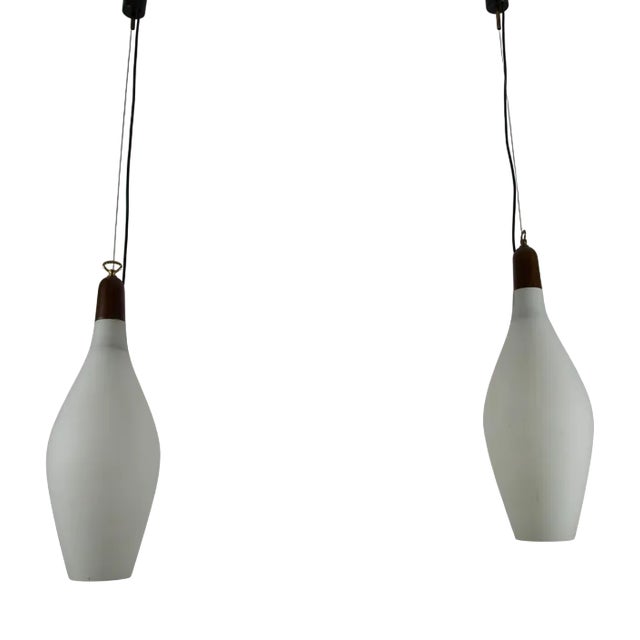 Mid-Century Modern Italian Pendant Lamps in Teak and Opal Glass, 1960s, Set of 2 For Sale