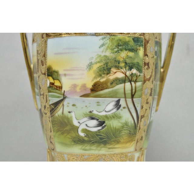 Antique Nippon Hand Painted Porcelain Twin Handled Vase W/ Swan & Lake Scene For Sale - Image 4 of 16