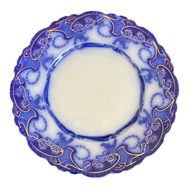 Antique Henry Alcock Delamere Flow Blue Dinner Plate With Gold Accents For Sale