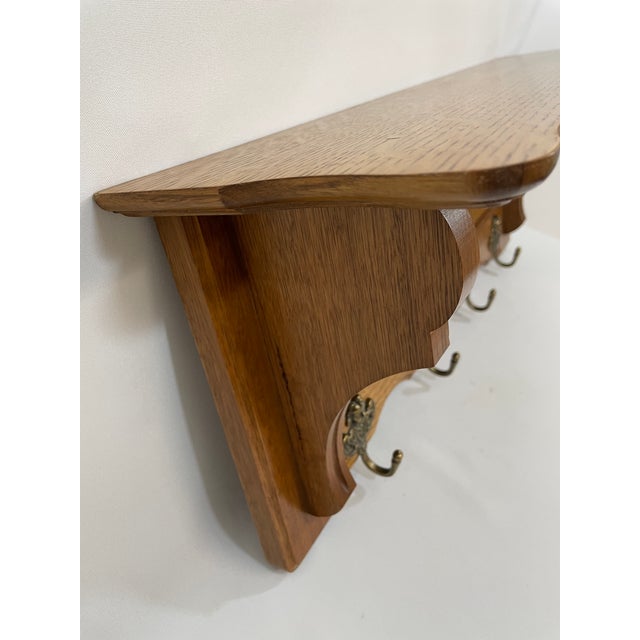 Vintage French Tiger Oak 27" Wall Shelf Coat and Hat Rack For Sale - Image 11 of 17