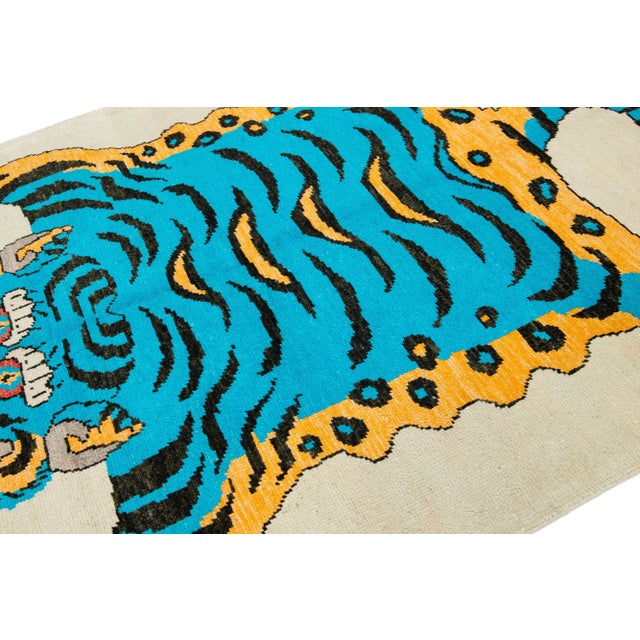 Modern Pictorial Hand-Knotted Wool Rug in Beige For Sale In New York - Image 6 of 10