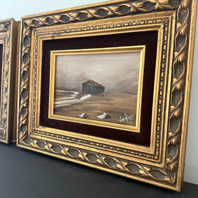 Pair Vintage Framed Winter Landscape Oil Paintings Signed John Peppe For Sale - Image 9 of 16