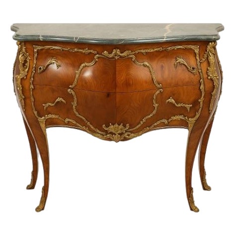 Late 20th Century Louis XV Style Bombe Commode With Gilt Mounts & Green Marble For Sale