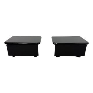 Vintage Low Italian Wooden Bedside Tables with Glossy Lacquered Finish, 1970s, Set of 2 For Sale
