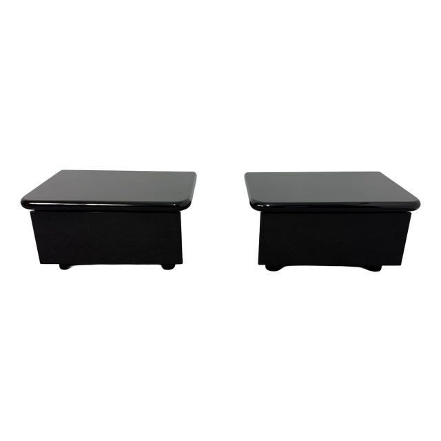 Vintage Low Italian Wooden Bedside Tables with Glossy Lacquered Finish, 1970s, Set of 2 For Sale