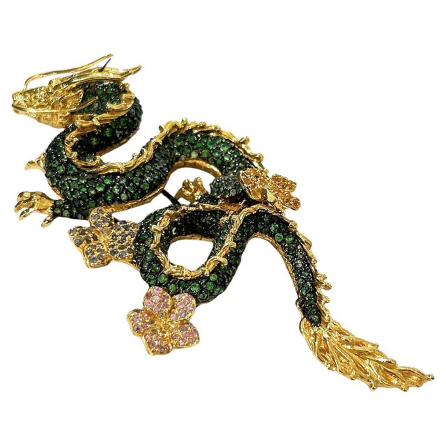 Bochic Dragon Vintage Sapphire & Tasvorite Brooch Set In 18K Gold & Silver For Sale - Image 18 of 18
