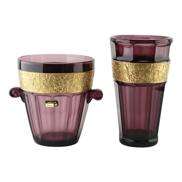 Art Deco Amethyst Vases with Classical Frieze from Walther, Germany, Set of 2 For Sale
