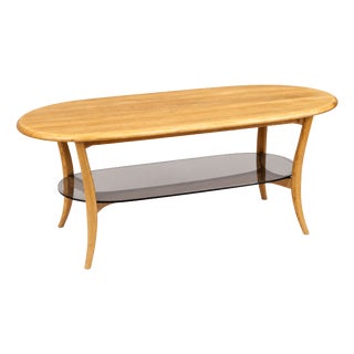 Mid-Century Blonde Oval Coffee Table Smoked Glass from Ercol, 1970s For Sale