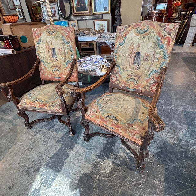 Early 18th Century Antique Walnut Armchairs Upholstered with Aubusson, France, 1700, Set of 2 For Sale - Image 5 of 18