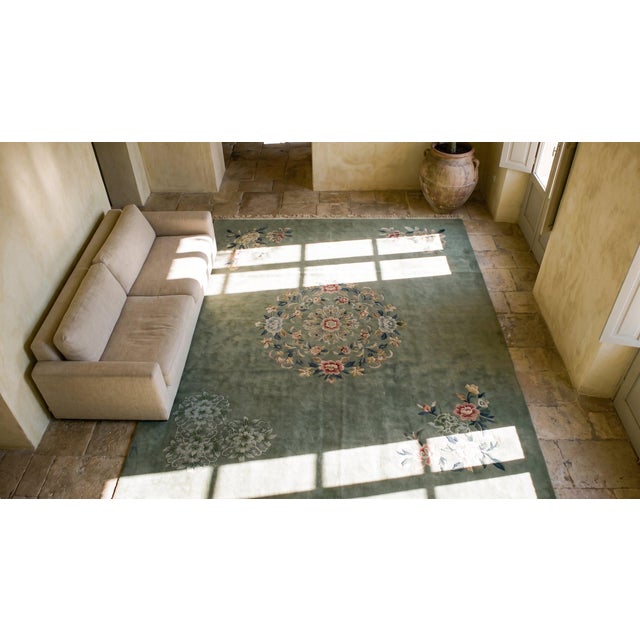 Green 1930s Green Floral Antique Chinese Art Deco Rug 9' X 12' Handknotted Wool Carpet For Sale - Image 8 of 9