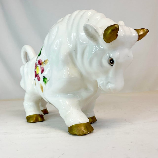 1970s Italian Mediterranean Hand Painted Ceramic Bull Figurine For Sale - Image 6 of 12