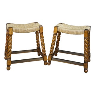 2 Vintage Spanish Revival Country French Barley Twist Stools Rush Saddle Seats For Sale