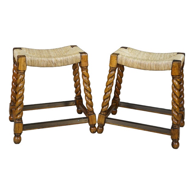 2 Vintage Spanish Revival Country French Barley Twist Stools Rush Saddle Seats For Sale