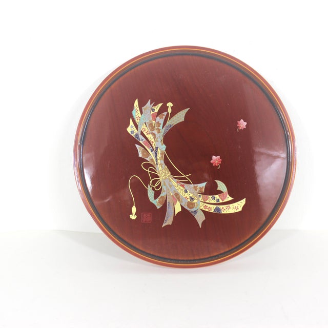 Late 20th Century Vintage Japanese Lacquered Wood Tray Small Round Gold Detail Signed For Sale - Image 5 of 12