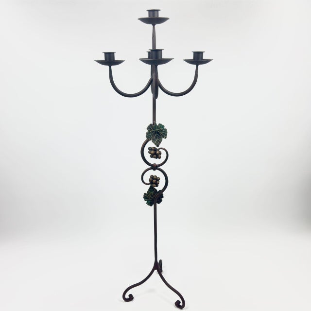 Metal Hand Forged Iron Floor Candelabra 47″ (120cm) Antique Copper Patina 4-Arm 5-Candle Classic Scroll Holder Decor For Sale - Image 7 of 8