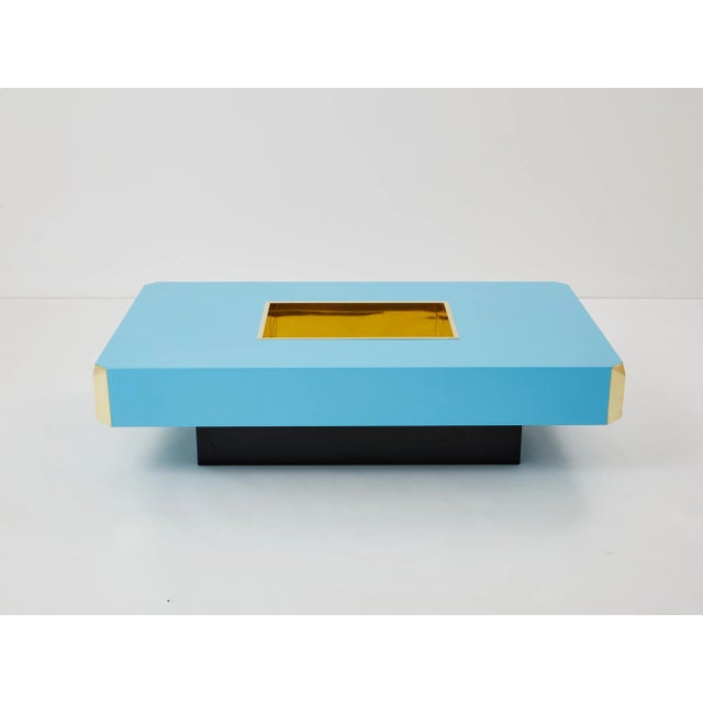 1970s Willy Rizzo Blue Lacquer and Brass Bar Coffee Table Alveo 1970s For Sale - Image 5 of 12