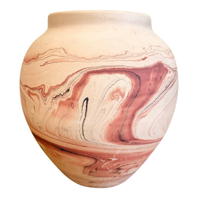 Vintage Large Nemadji Cream and Rust Swirl Vase For Sale