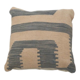 Arteverk Sand & Slate Gray Stepped Block Kilim Throw Pillow 17" X 17", Handwoven Afghan Wool For Sale