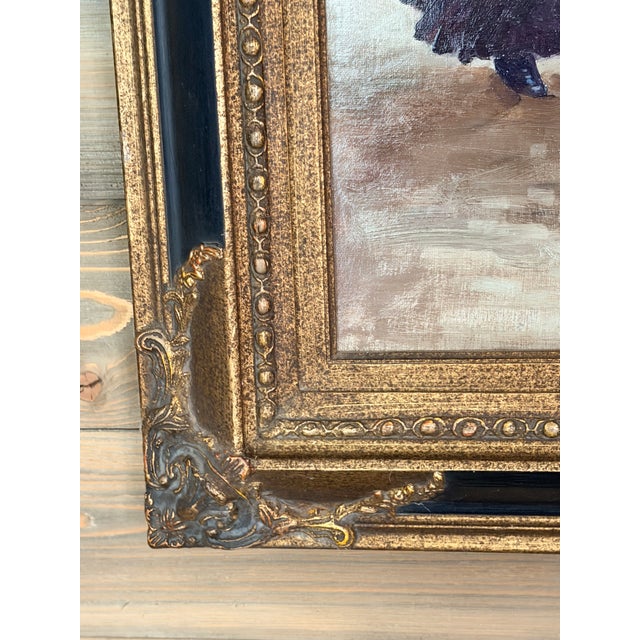 Large Vintage Parisian Street Scene Oil Painting of Victorian Woman in Ornate Gilt Frame For Sale - Image 14 of 17