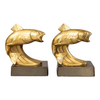 Art Deco Style Brass Trout Fish Bookends For Sale