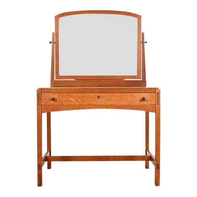Limbert Antique Mission Oak Arts & Crafts Vanity or Dressing Table With Mirror, Circa 1910 For Sale