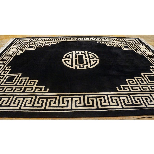 1980s Glamorous Black Ground Color With White Color Greek Key Pattern Vintage Chinese Art Deco Rug For Sale - Image 5 of 11