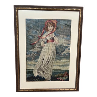Vintage Framed Needlepoint Portrait of a Young Woman - Unsigned For Sale