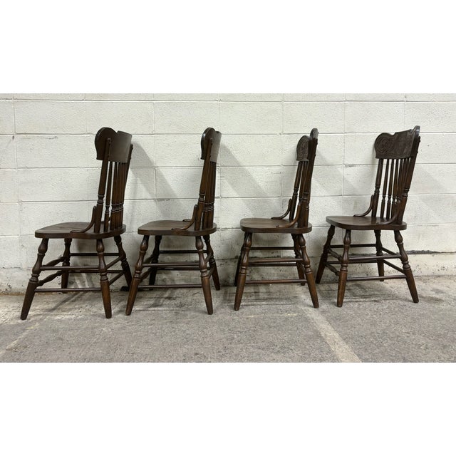 Vintage Oak Lion Head Press Back Traditional Dining Chairs - Complete Set of 4 For Sale - Image 11 of 11