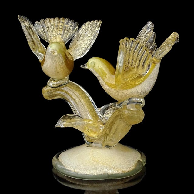 Murano Vintage Barbini Murano White Olive Green Gold Flecks Italian Art Glass Birds Centerpiece Sculpture For Sale - Image 4 of 8