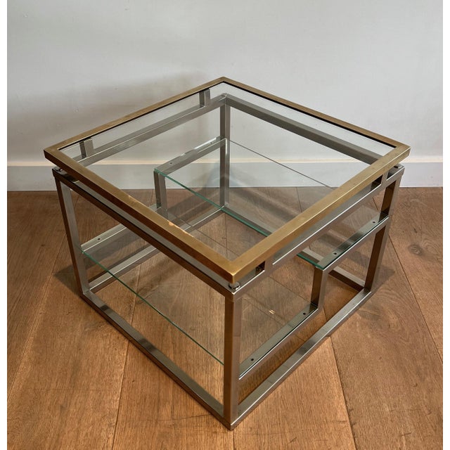 Pair of designer side tables in chrome, brass and glass. French work. Circa 1970. For Sale - Image 6 of 12