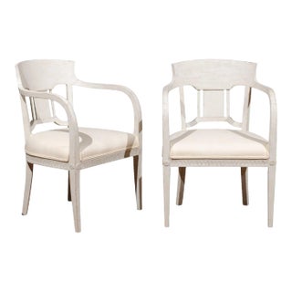 1870s Swedish Painted Wood Neoclassical Style Upholstered Armchairs - a Pair For Sale