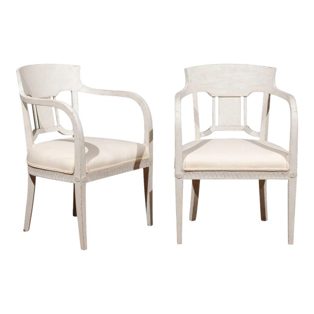 1870s Swedish Painted Wood Neoclassical Style Upholstered Armchairs - a Pair For Sale