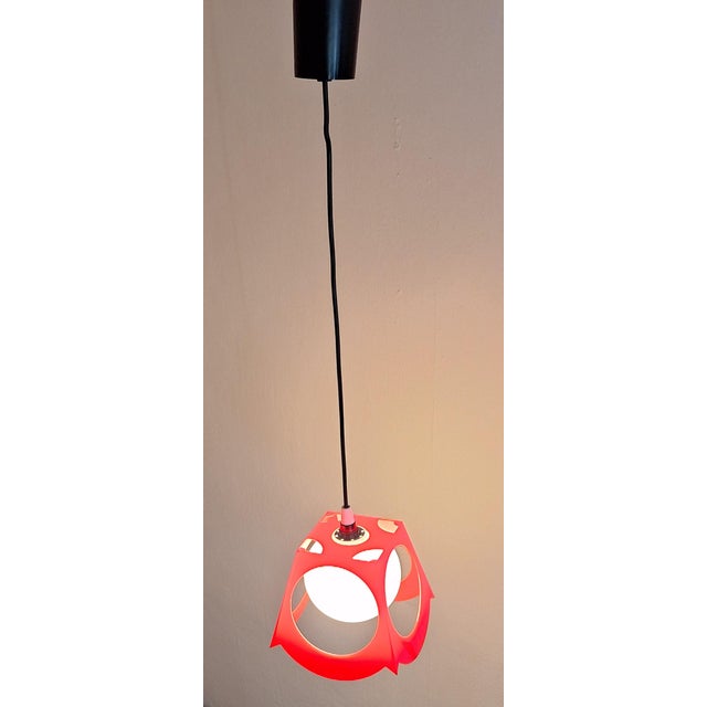 Vintage Ceiling Light with Opaque White Spherical Glass Shade with Red Plastic Frame, 1970s For Sale - Image 3 of 7