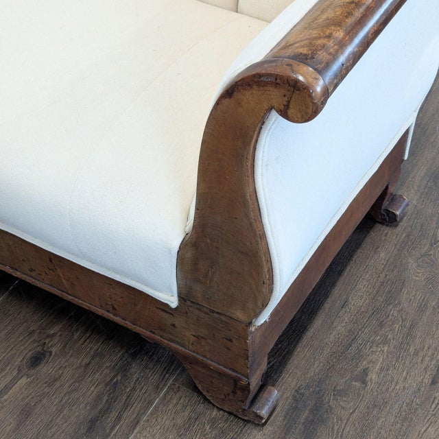 Wood Antique 3-Seat Sofa With Carved Wood Frame and Cream Upholstery For Sale - Image 7 of 9