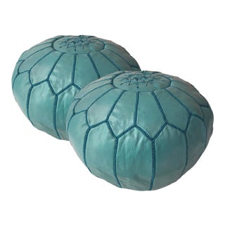 Moroccan Green Leather Poufs - a Pair For Sale