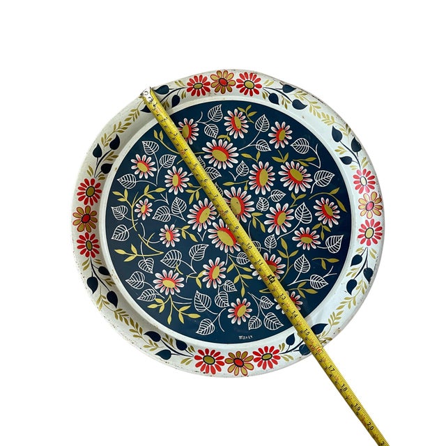 Maxey Floral Metal Serving Tray, 16-Inch Round, Folk Art Style Vintage MCM Boho For Sale - Image 4 of 8